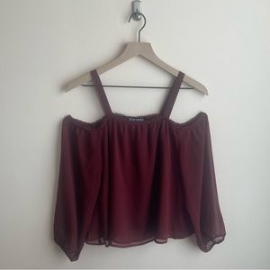 Express Maroon Cold Shoulder Cropped Long Sleeve Blouse